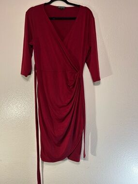 Berydress Red Wrap Dress Size L Ruched Side V-Neck 3/4 Sleeve